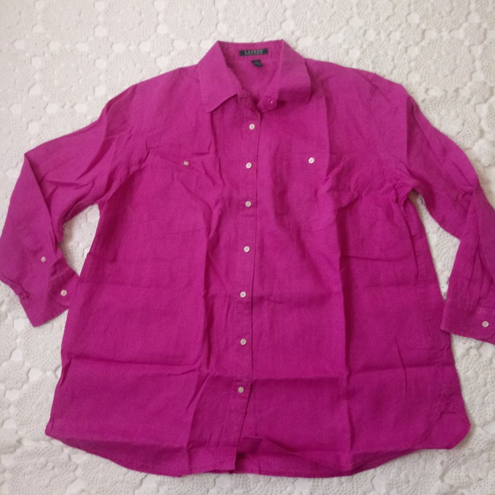 Ralph Lauren 100% Pink Linen Button Up Blouse Shirt Long Sleeve Bright 2X Women
